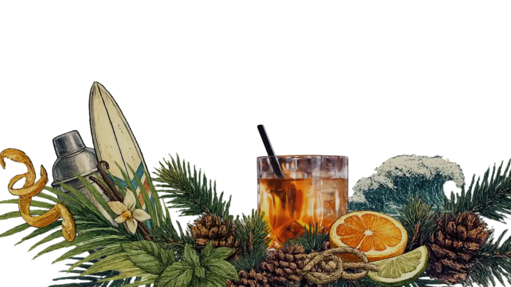 Composition illustrée du Ô Hublot : verre de cocktail, shaker, planche de surf, vague et pommes de pin des Landes